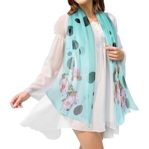 Women's Lake Blue Fashion Lightweight Head Scarf Floral Print Chiffon Scarves